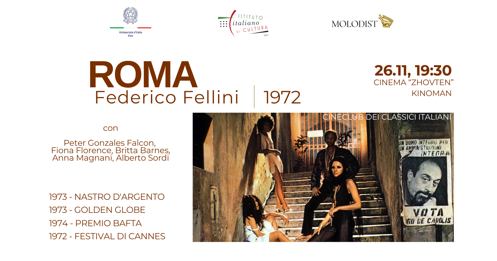 Invito alla proiezione _Roma_ di Federico Fellini 26 novembre ore 19.30